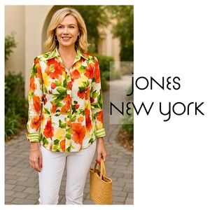 Jones New York Floral Blouse 🌺 Vibrant Red Orange Green Button-Up | Size XS